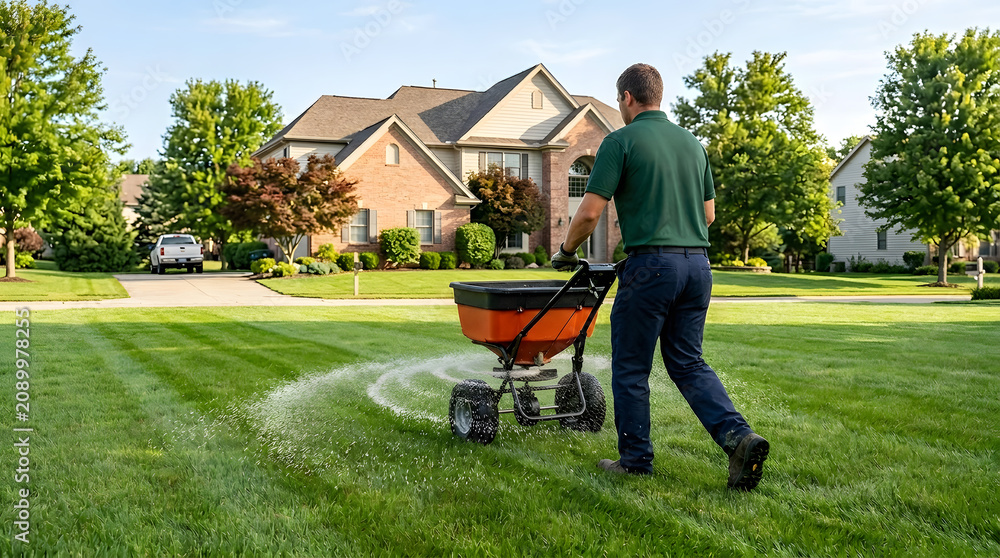 A lawn care technician spreading fertilizer with a broadcast spreader in front of a home