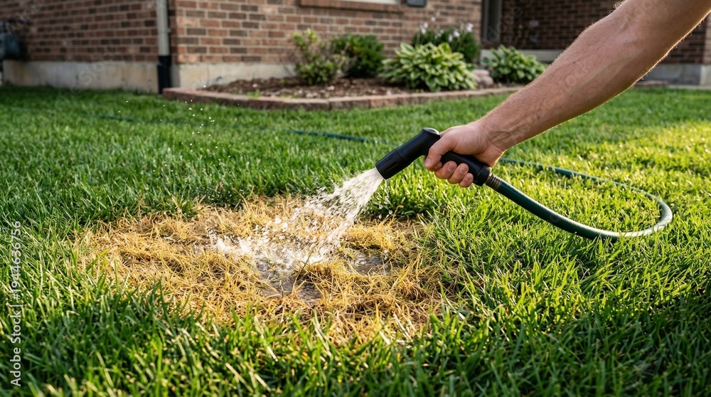Hand-watering a dry patch on a green summer lawn with a garden hose