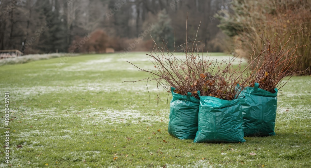 Garden waste bags filled with cut branches on a frosty winter lawn