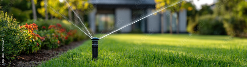 Irrigation system watering a landscape bed at first light