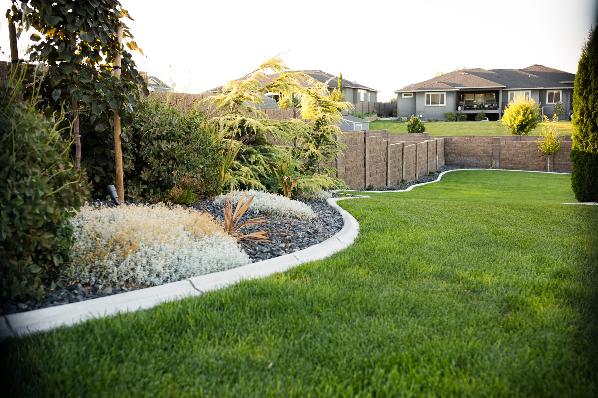 Full landscape design with layered plantings and defined bed lines